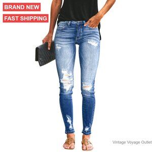 Ripped Skinny Jeans Distressed Stretchy Denim Pants Medium Wash